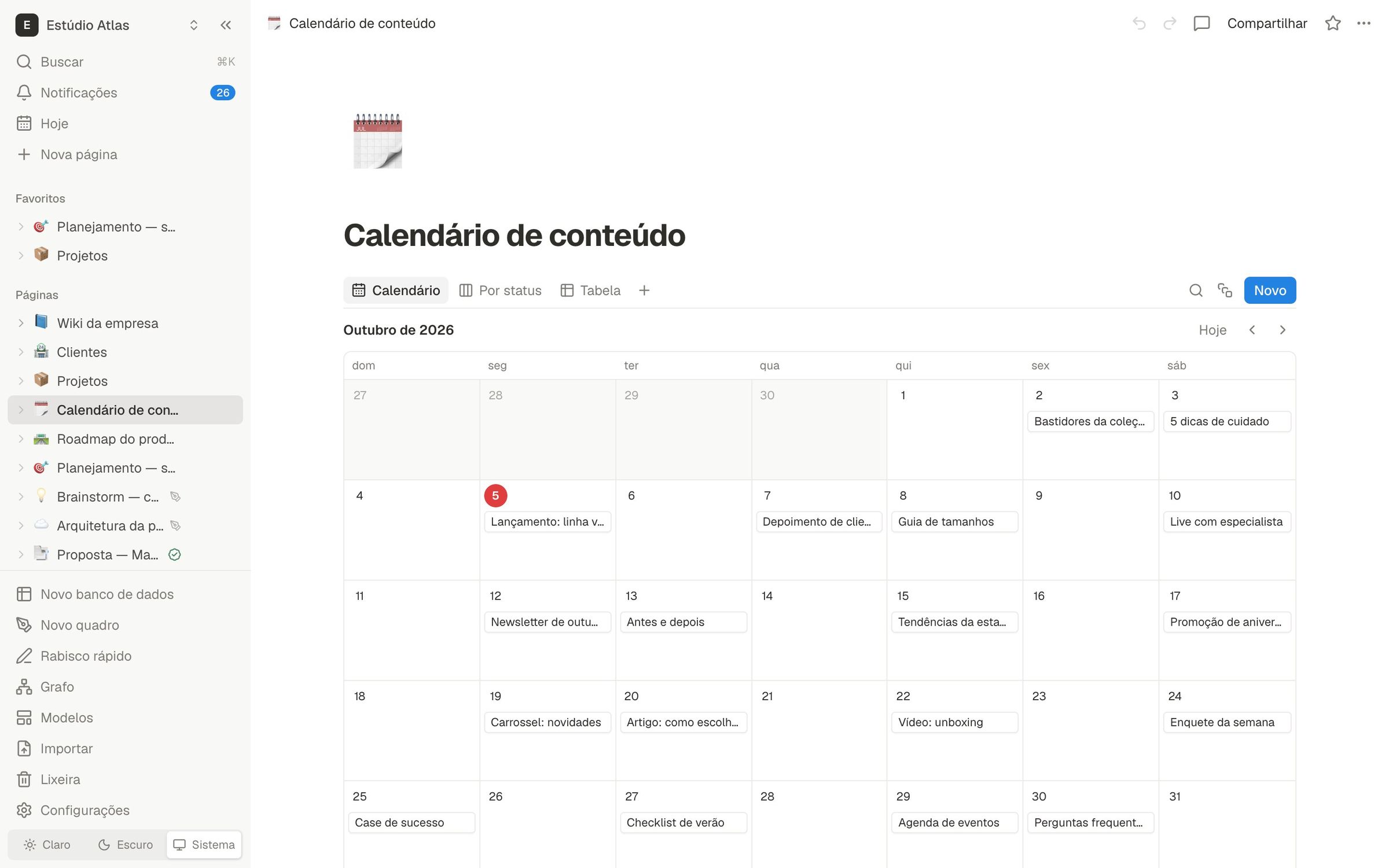 Calendário de conteúdo