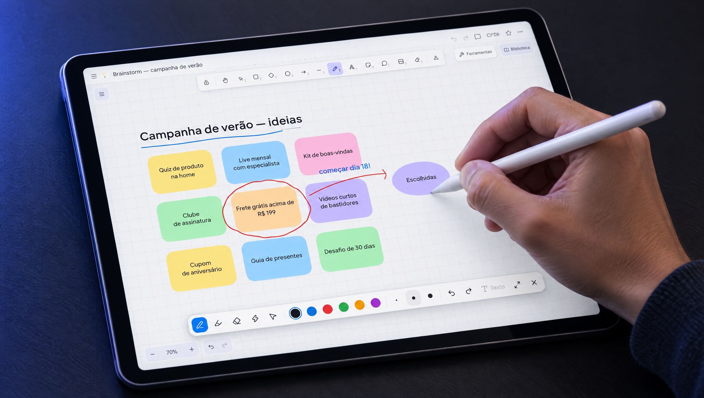 Mão com Apple Pencil desenhando sobre um quadro do Notas no iPad