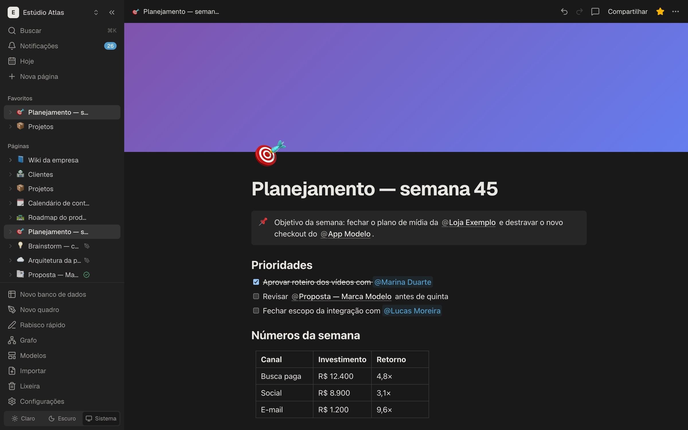 Página do Notas com capa, destaque, tarefas com menções e tabela