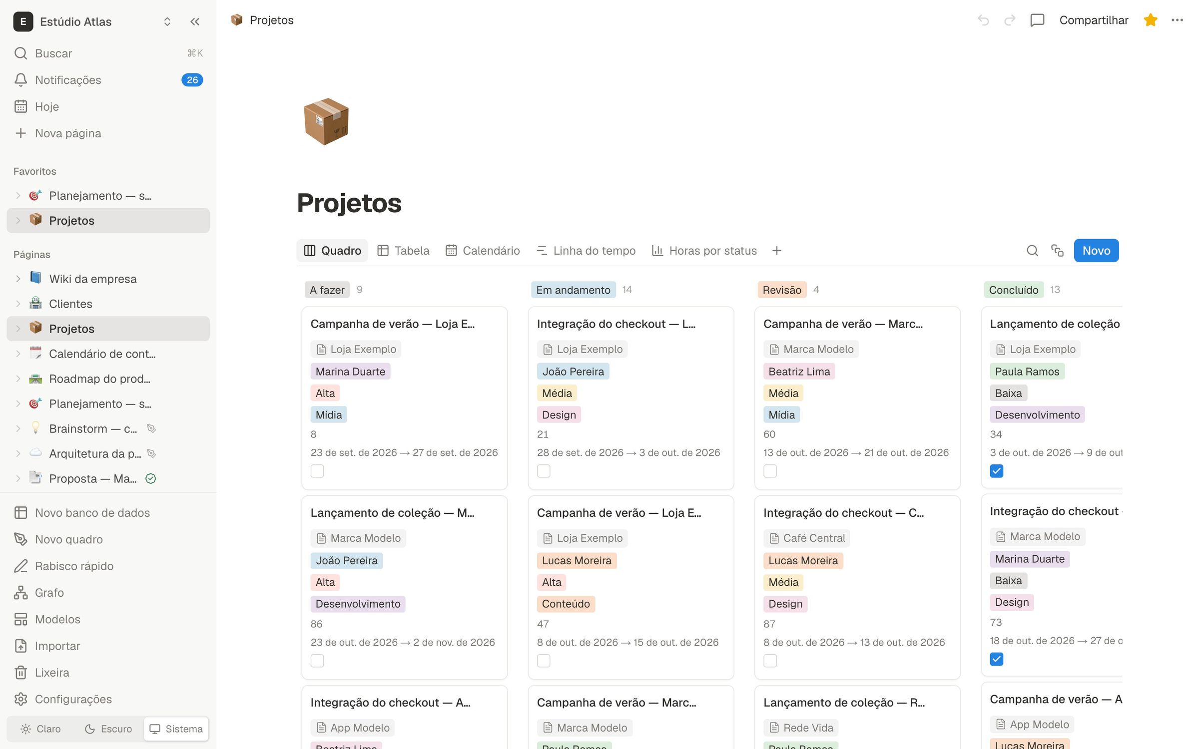 Projetos em quadro kanban por status