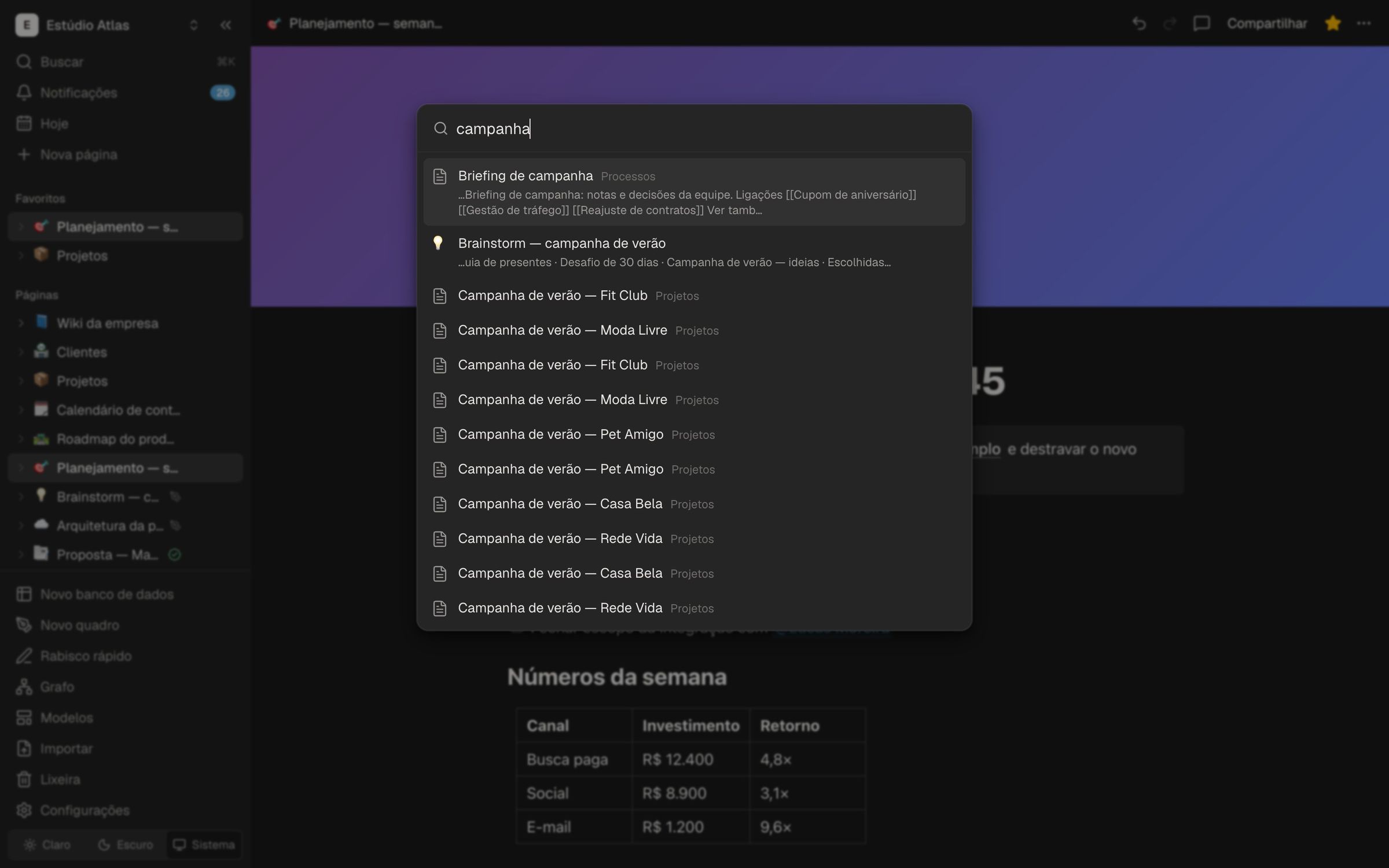 Busca rápida mostrando páginas e projetos