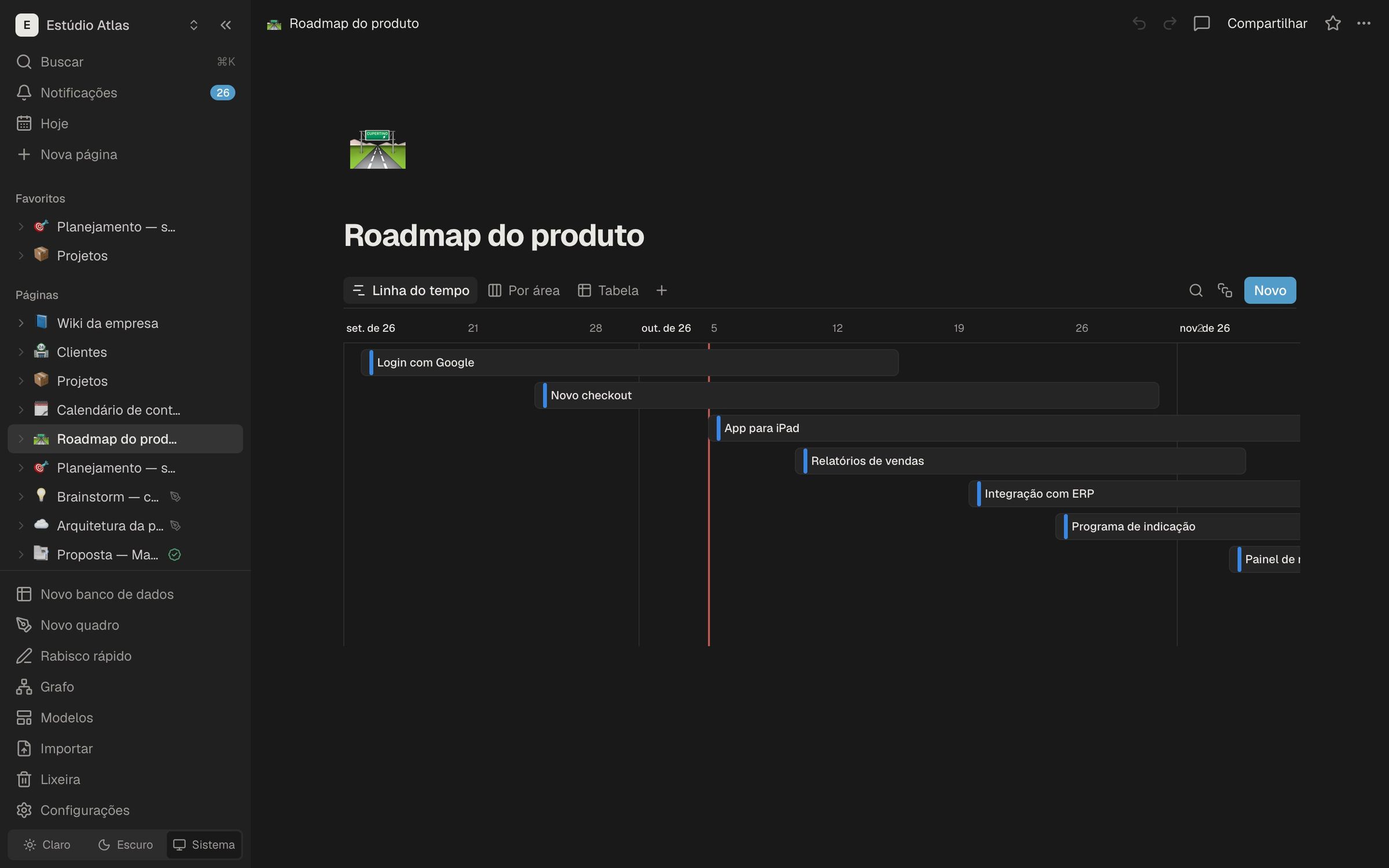 Roadmap em linha do tempo, no tema escuro