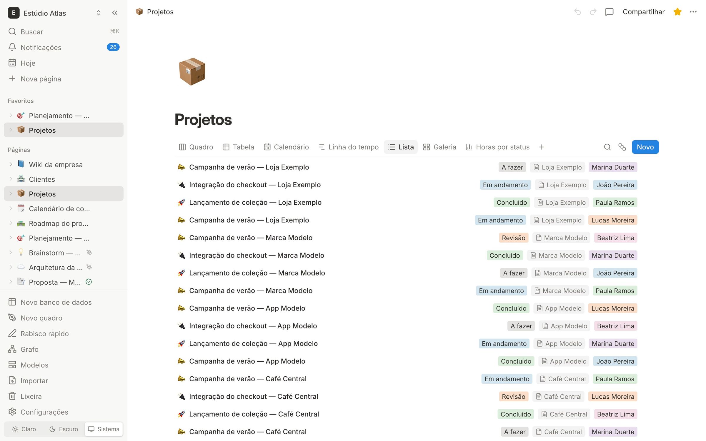 Projetos em lista